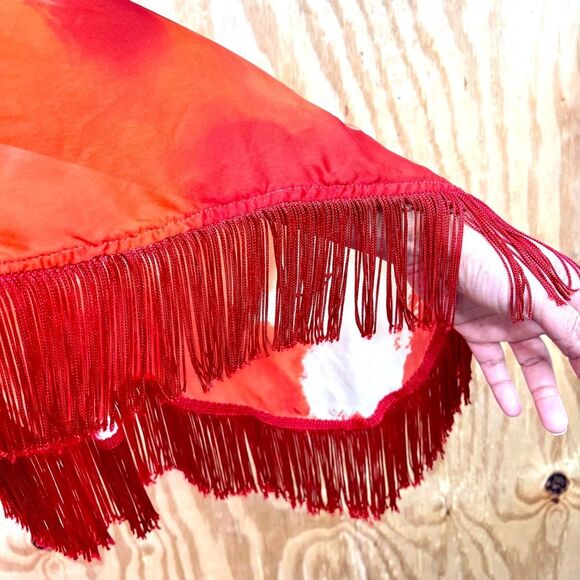 Rare KMilele Red Tie-Dye Kimono Boho Silk Top with tie fringe sleeves Sz M Gypsy - Picture 3 of 10